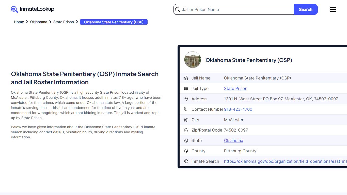 Oklahoma State Penitentiary (OSP) Inmate Search, Jail ... - Inmate Lookup